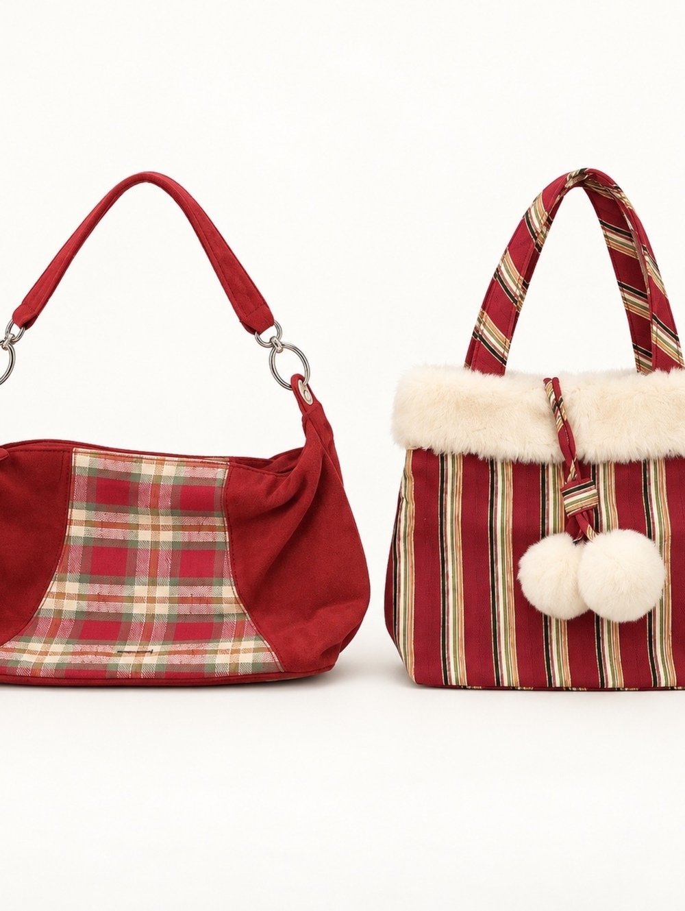 Longaberger Christmas Purse Lot 2 Red Plaid & Holiday Stripe Faux Fur Tote